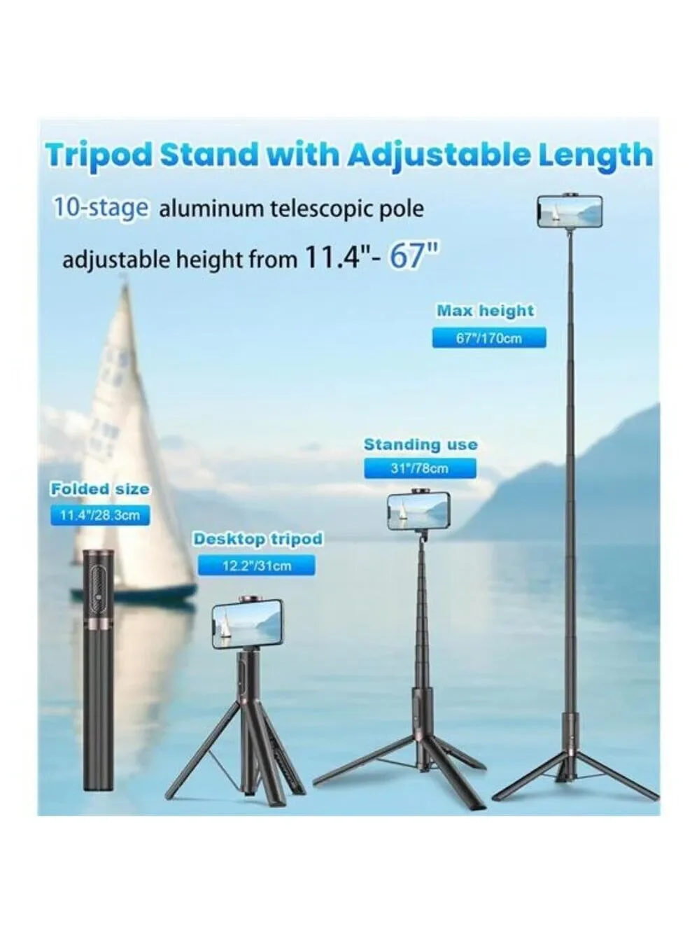 67 Inch Phone Tripod Stand with Remote Selfie Stick for iPhone Android Camera
